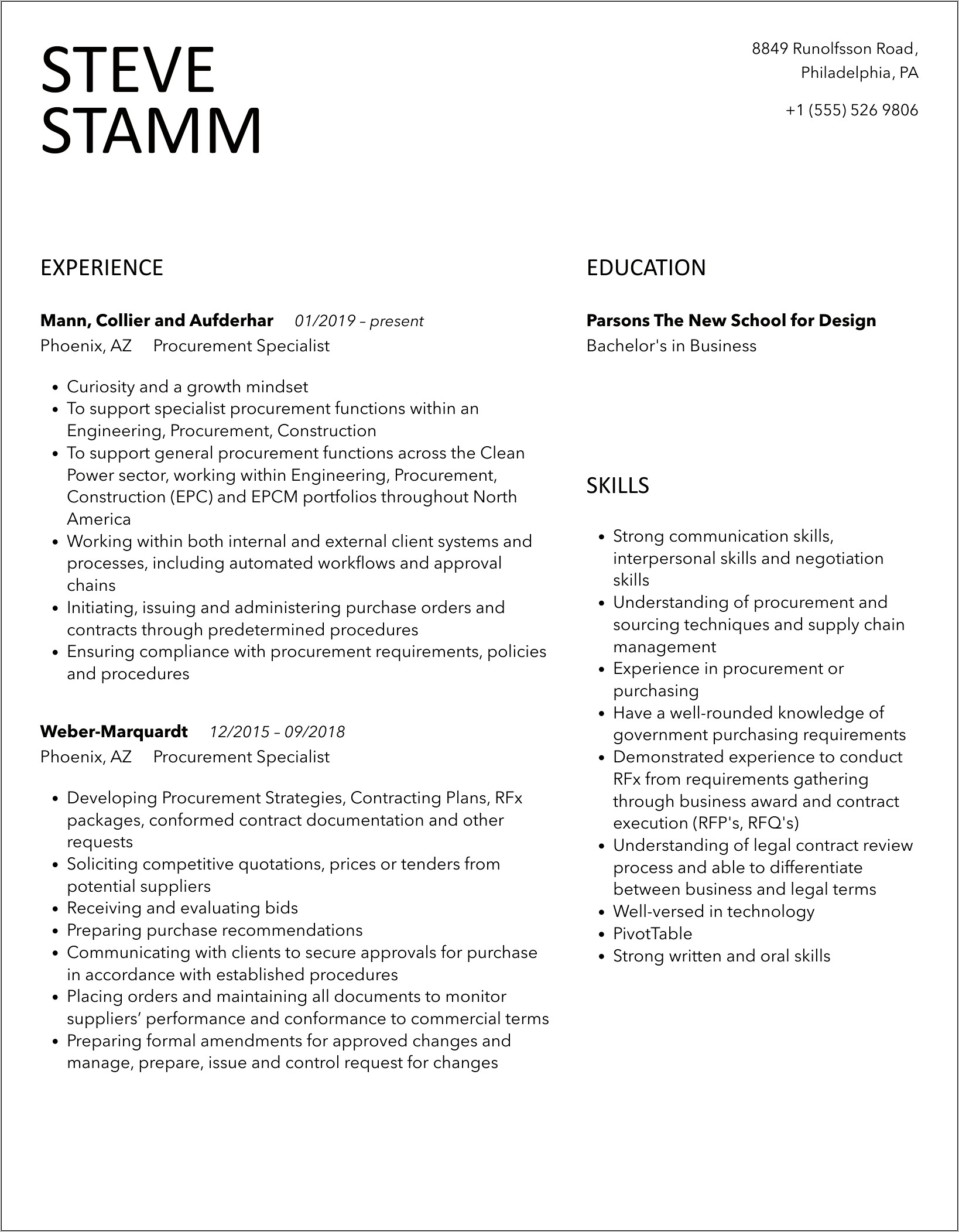 Procurement Specialist Job Description Resume