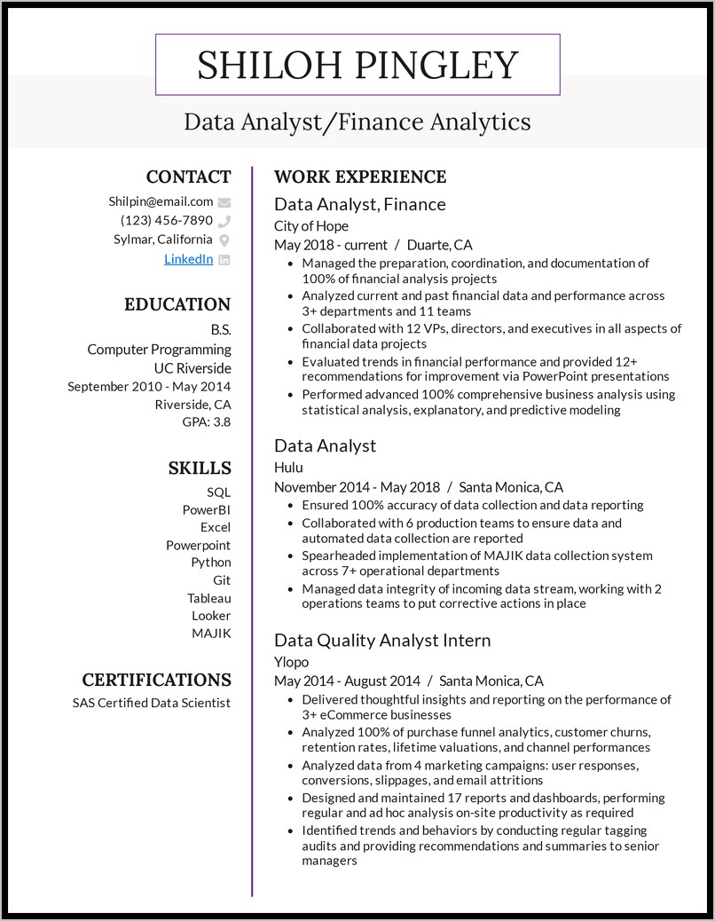 Product Manager Data Analysis Resume