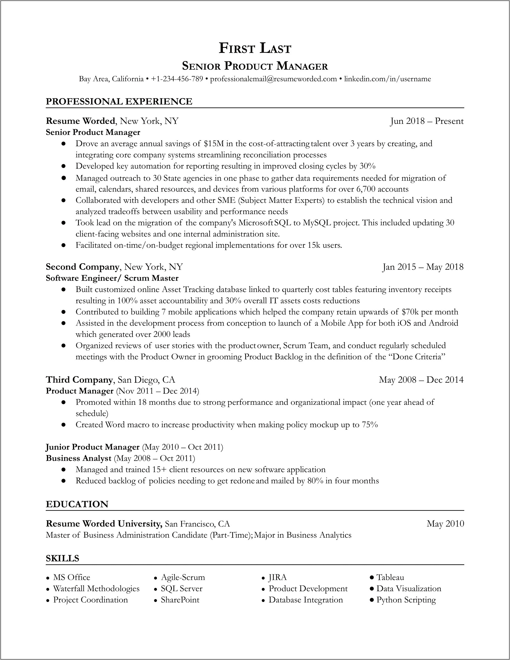 Product Manager Resume Profile Examples