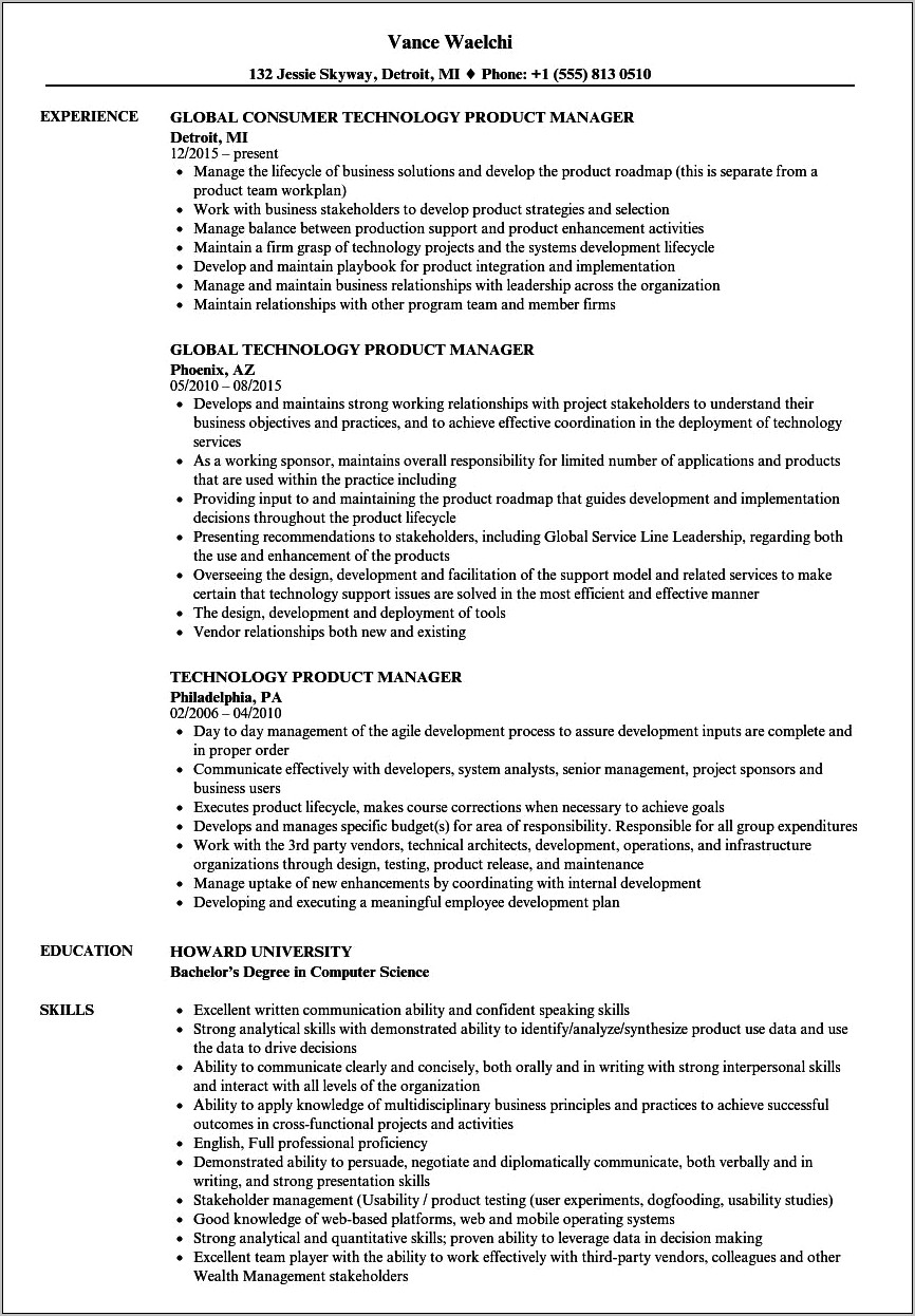 Product Manager Technical Skills Resume