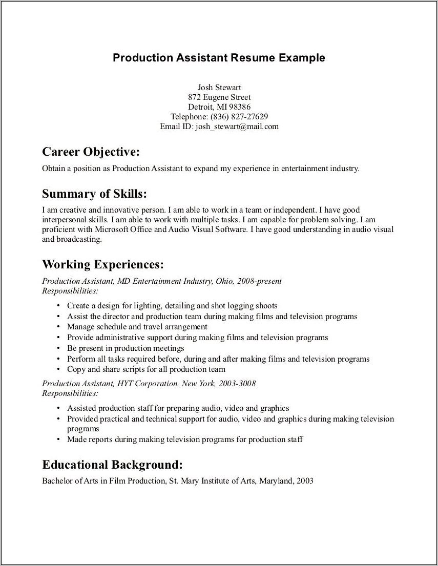 Production Assistant Resume Objective Sample