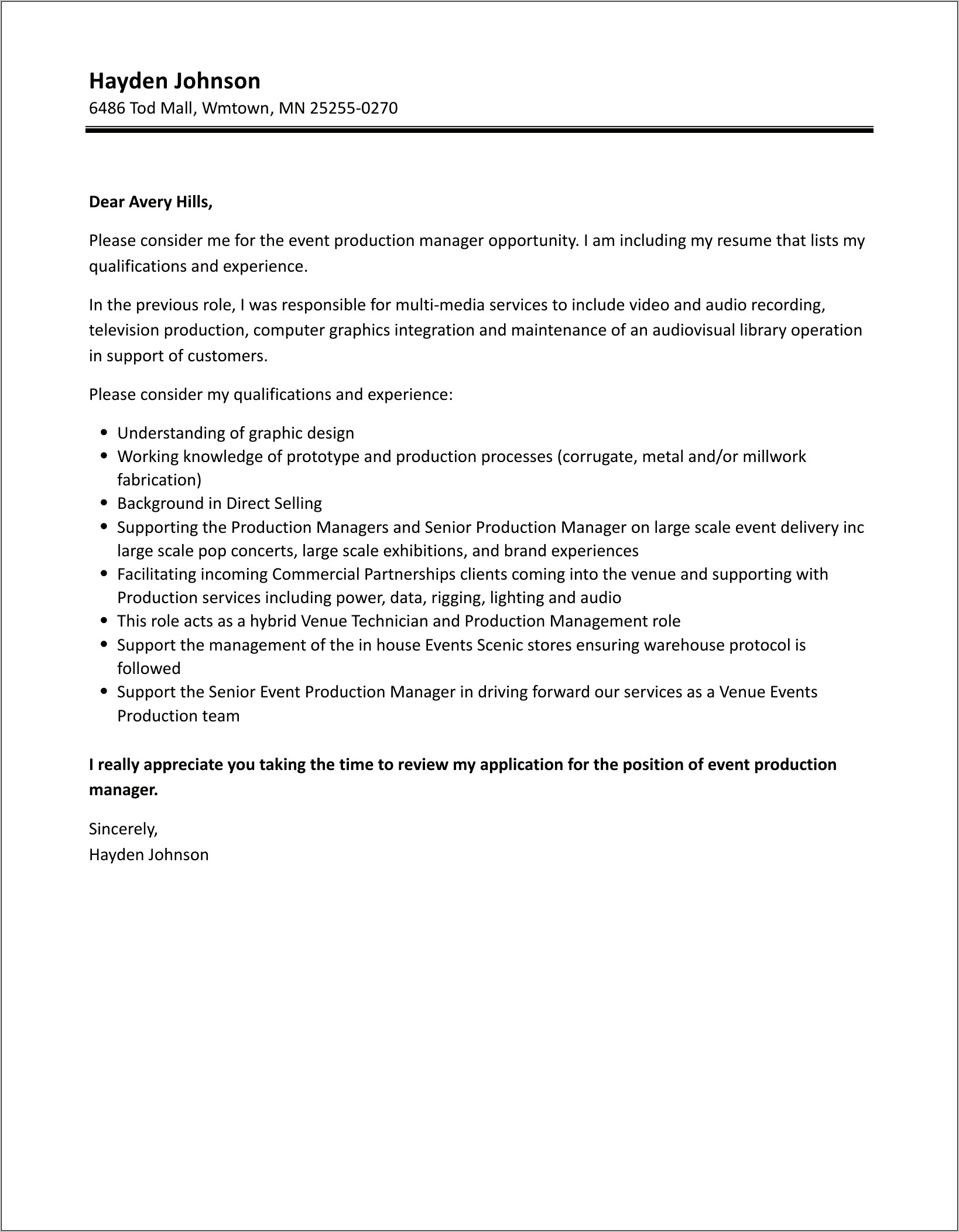 Production Manager Resume Cover Letter