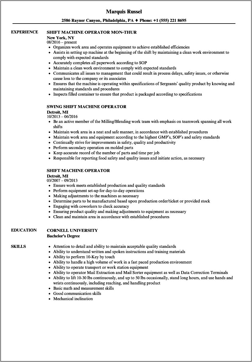 Production Operator Job Description Resume