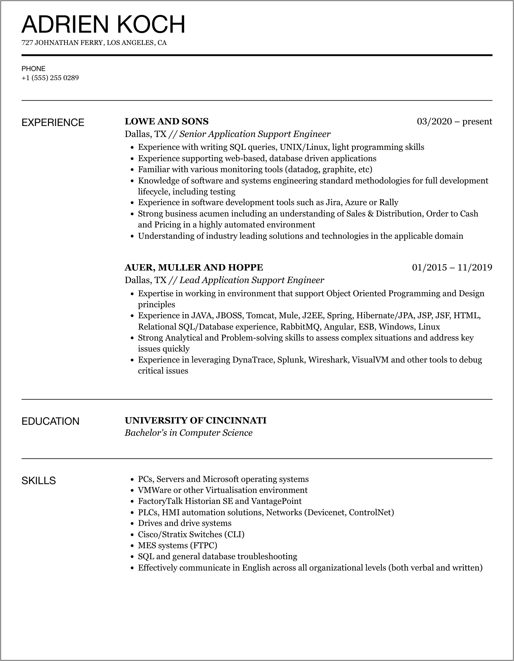 Production Support Engineer Resume Sample