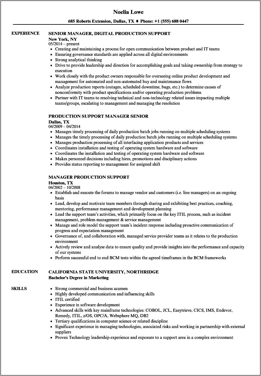 Production Support Manager Resume Sample