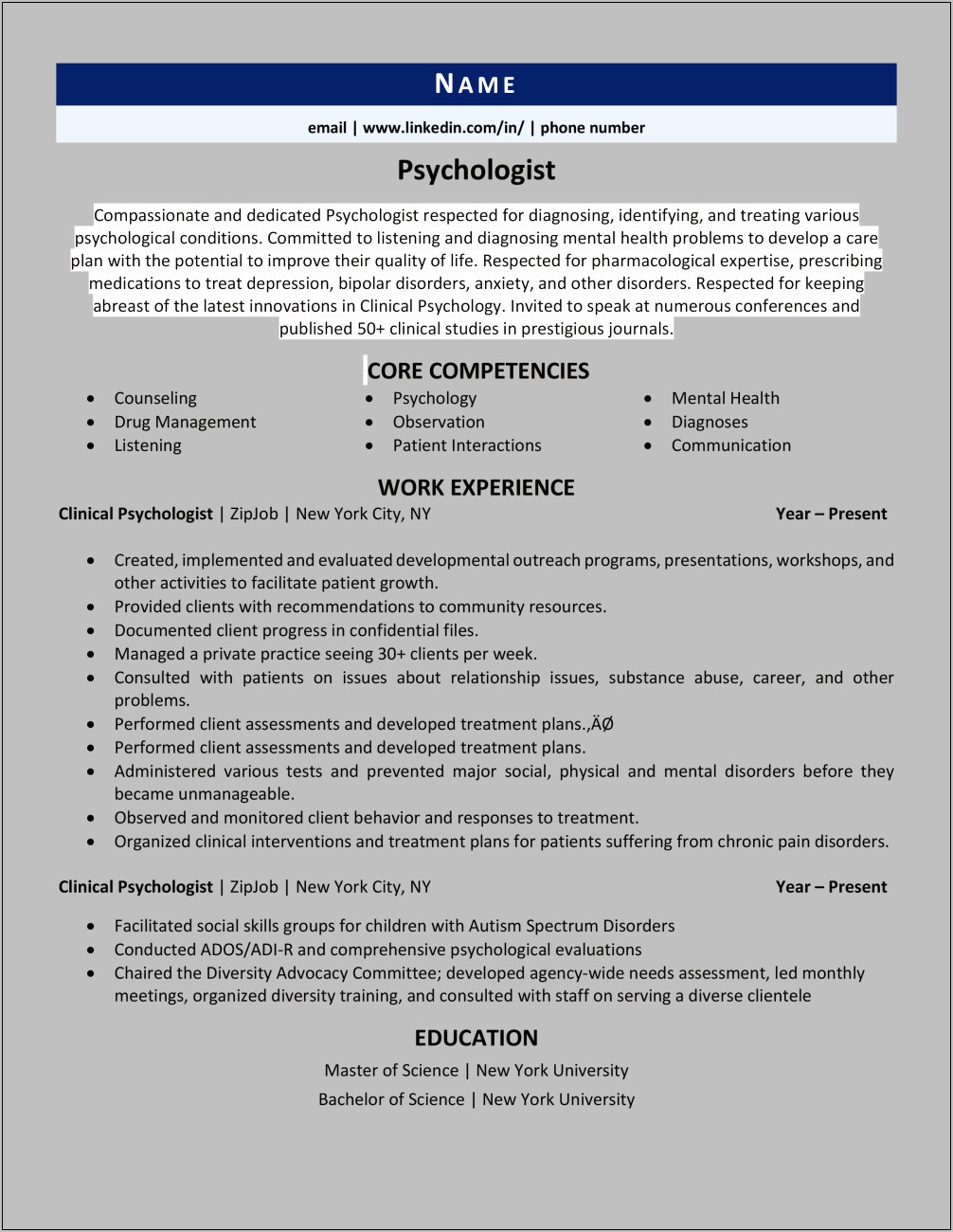 Profesisonal Skills Resume Clinical Psychoogy