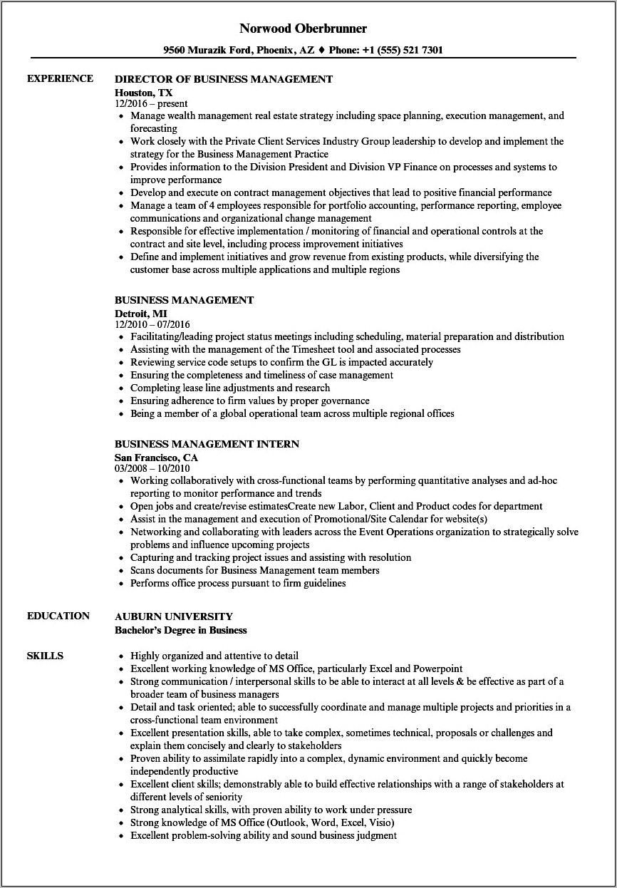 Professional Business Management Resume Examples