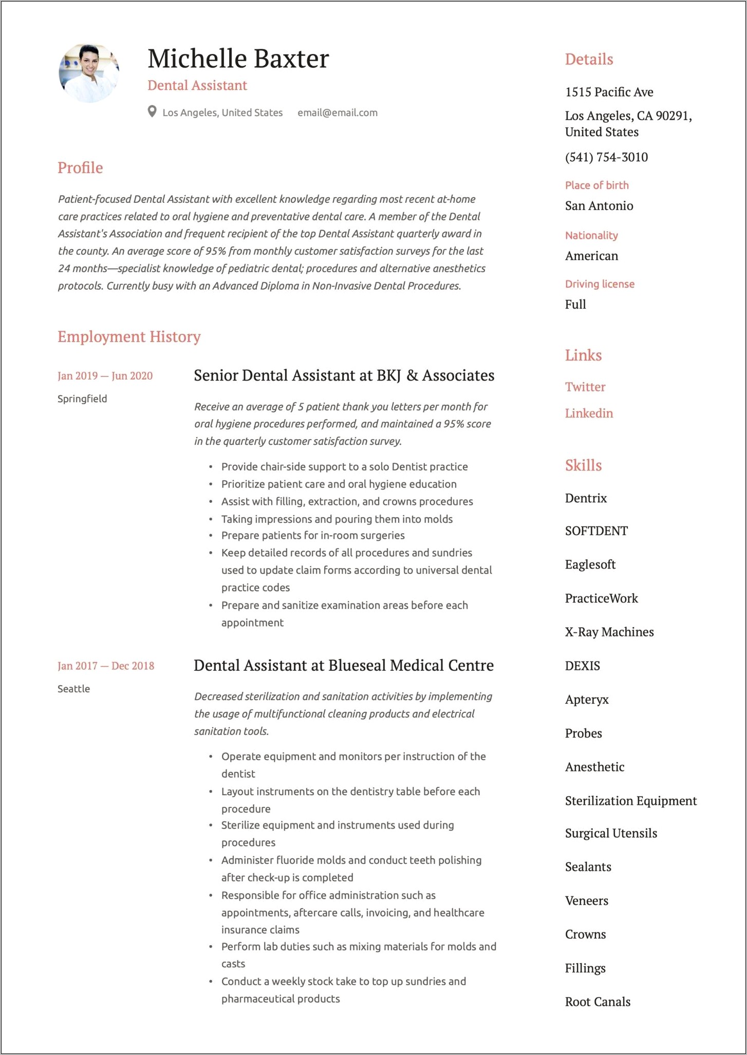 Professional Dental Assistant Resume Example