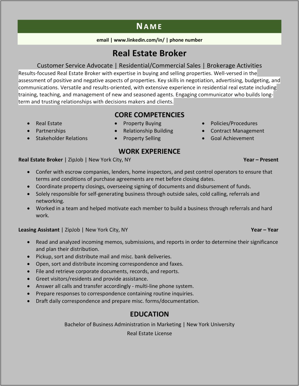 Professional Objective Resume Real Estate