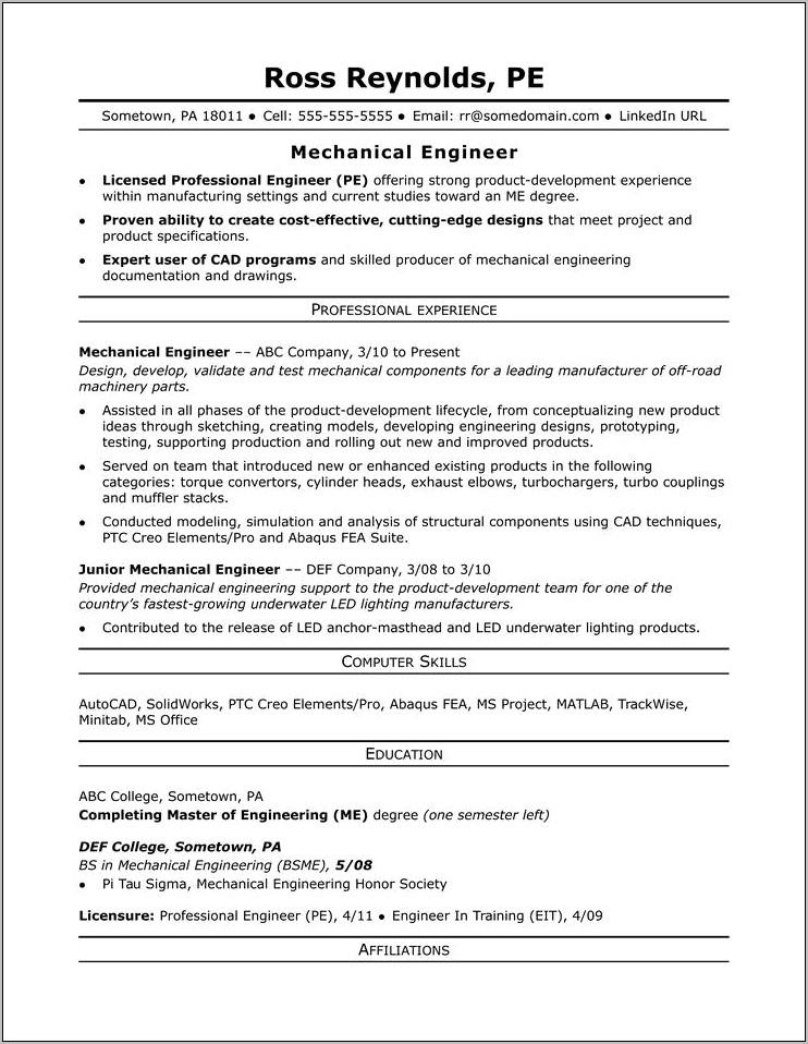 Professional Resume Samples Mechanical Engineer