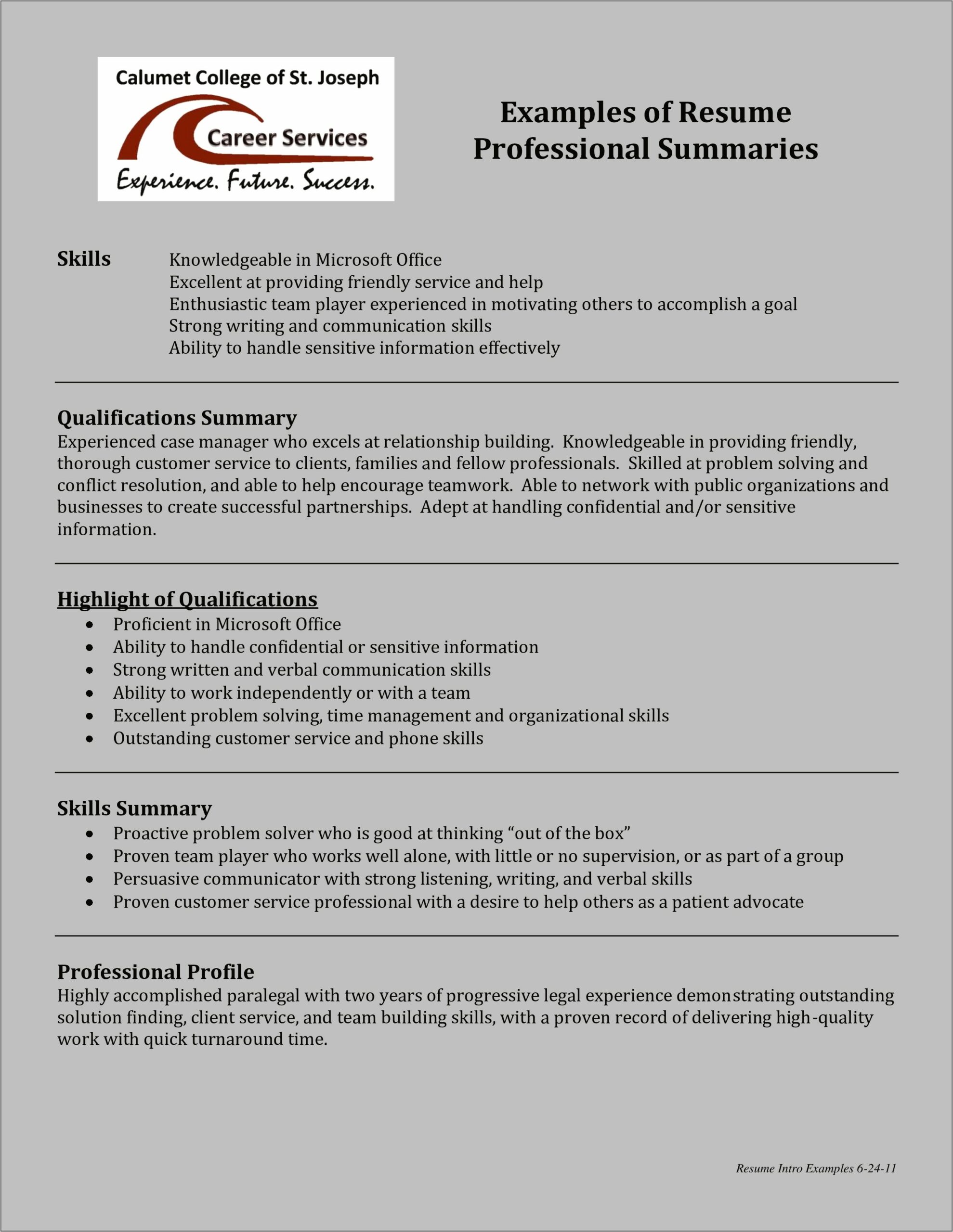Professional Summary Examples In Resume