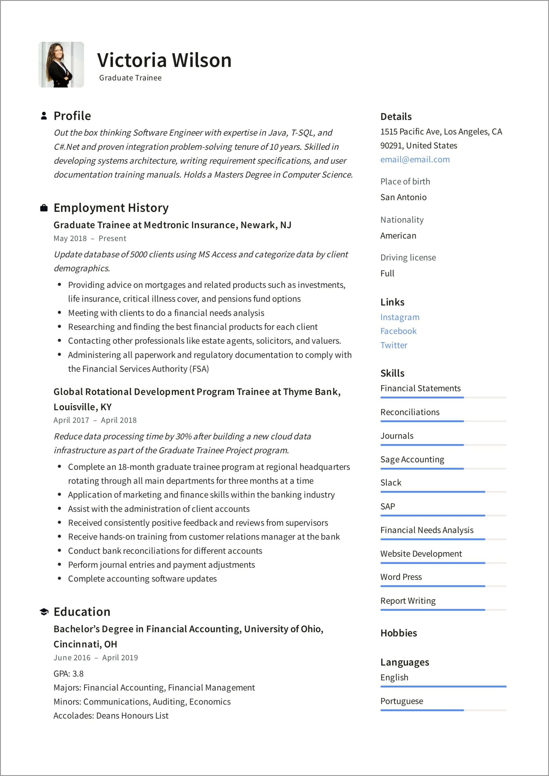 Profile Resume Examples Accounting Internship