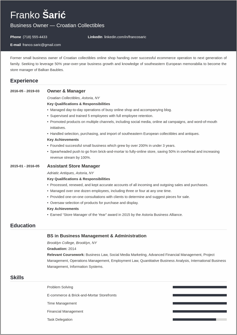 Profile Resume Examples For Business