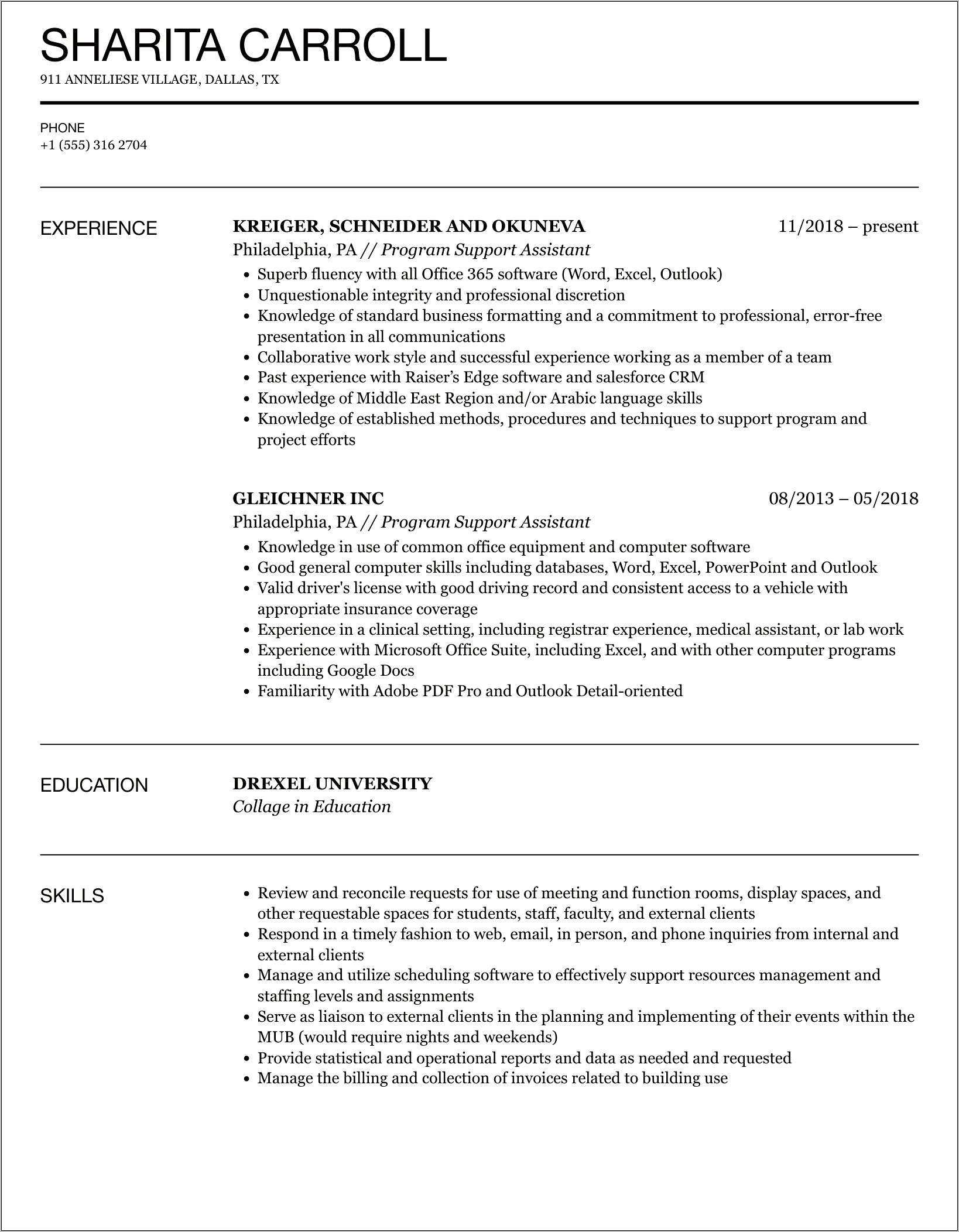 Program Support Job Description Resume