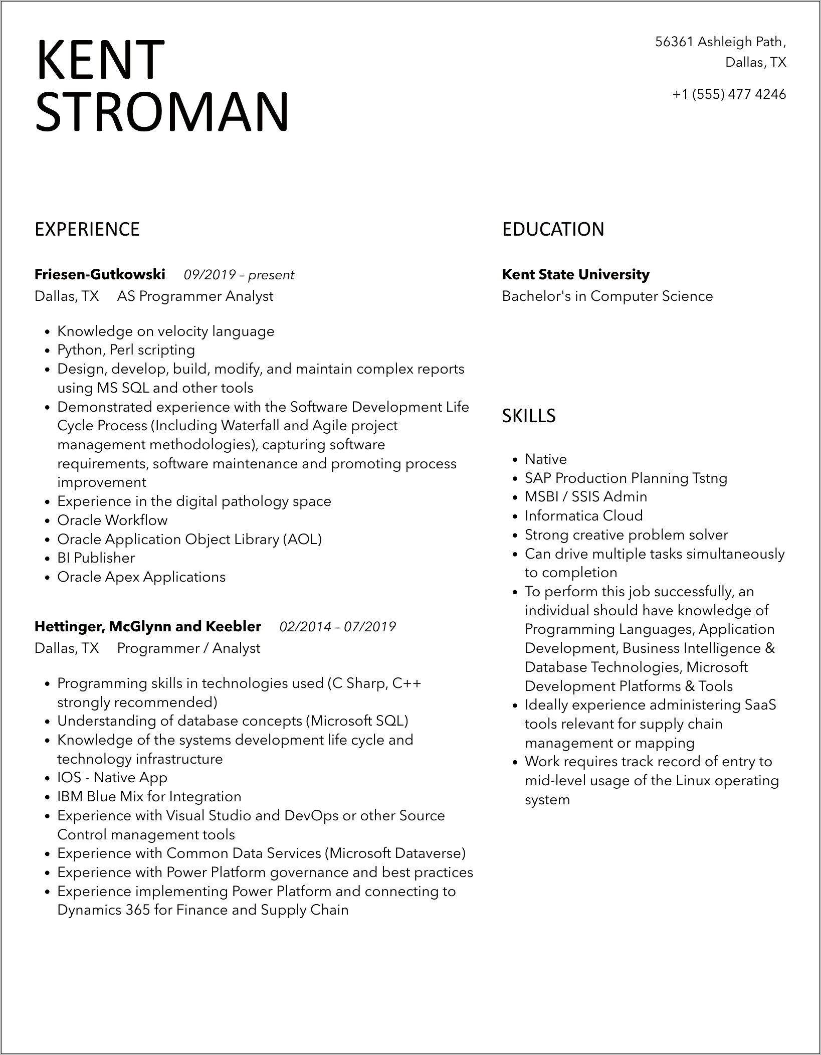 Programmer Analyst Intern Sample Resume