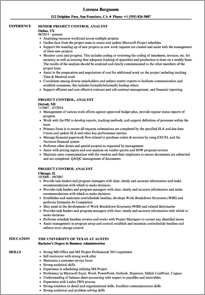 Project Control Analyst Resume Examples