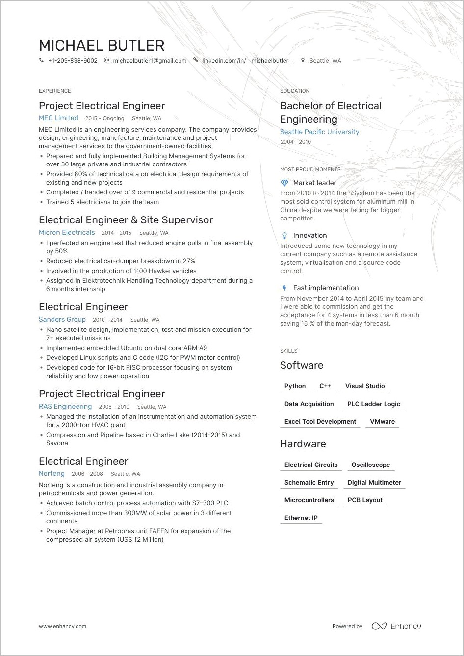 Project Controls Engineer Resume Sample