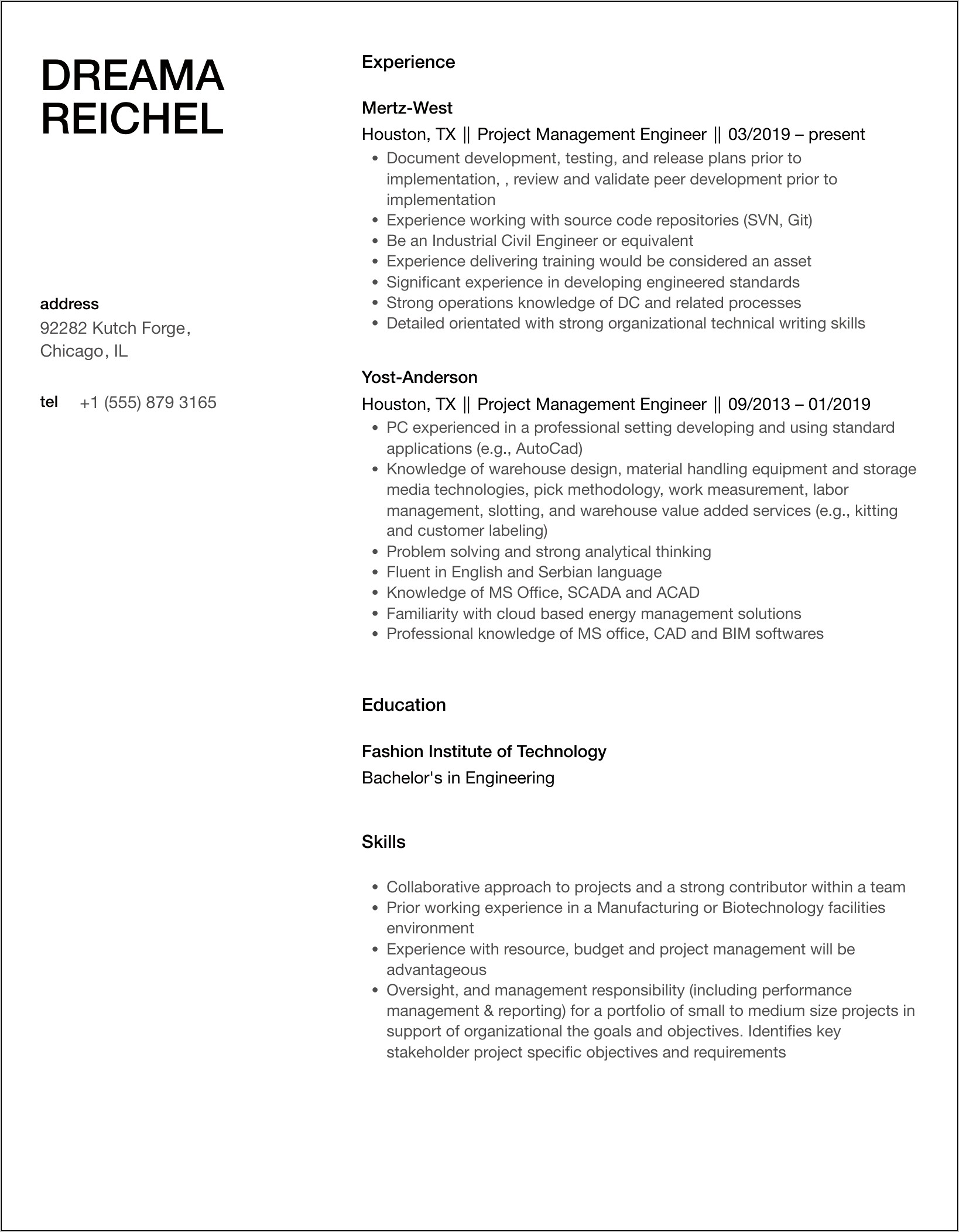 Project Management Field Engineer Resume