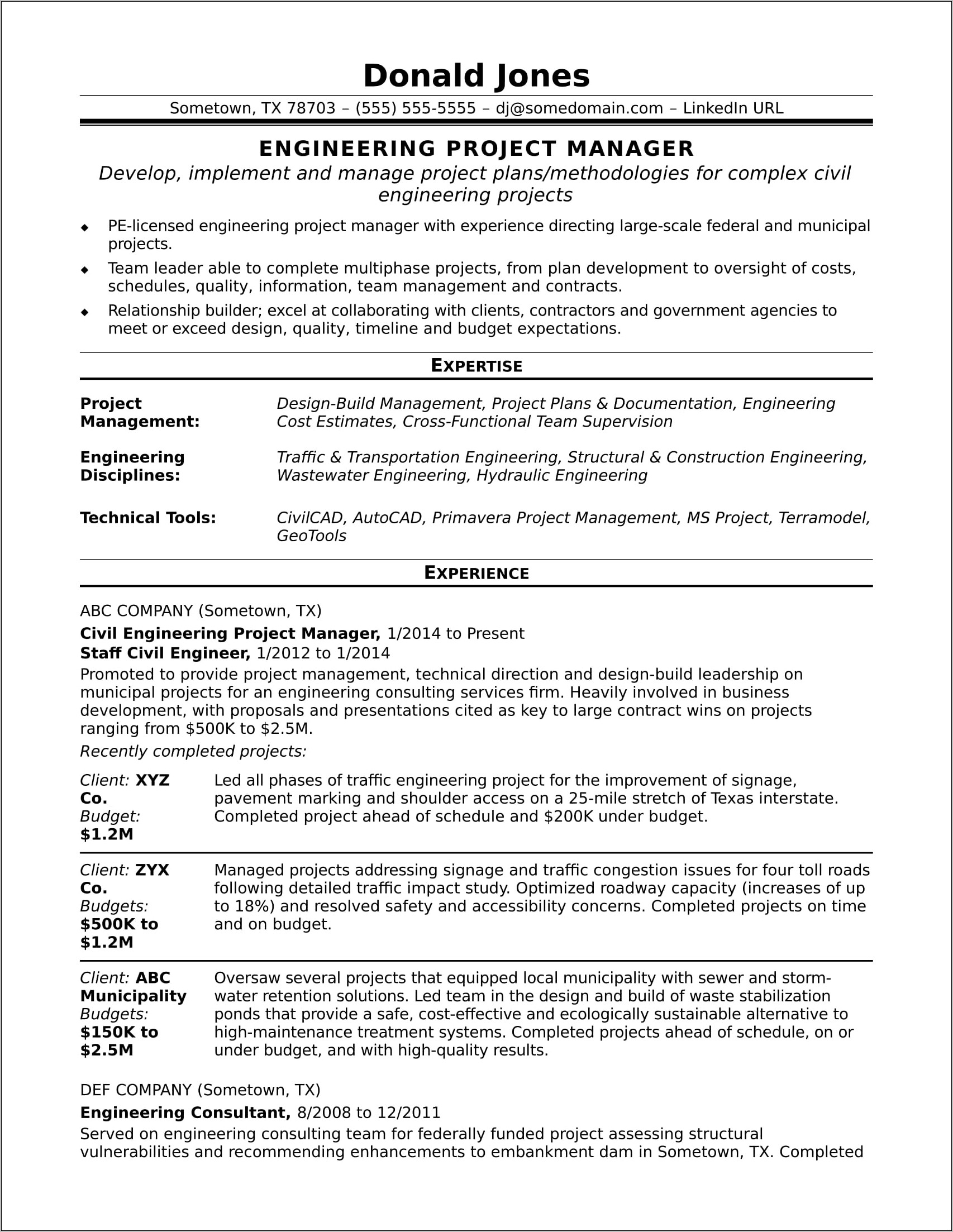 Project Management Verbiage For Resume