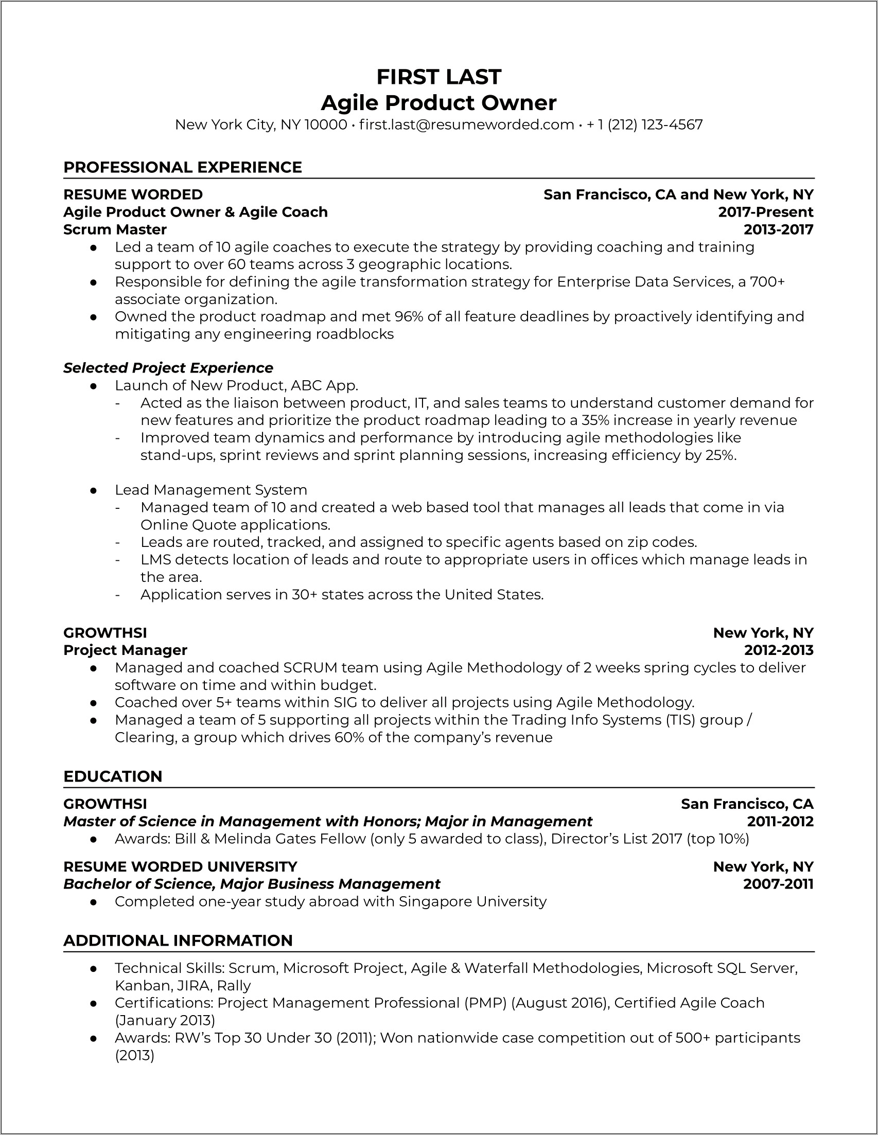 Project Manager Resume Agile Experience