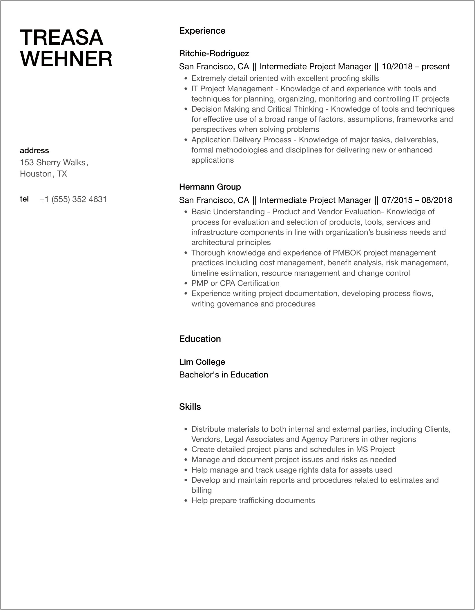 Project Manager Resume Examples 2014