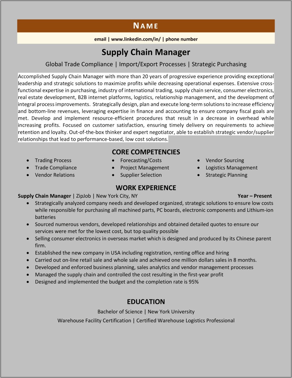 Project Manager Supply Chain Resume