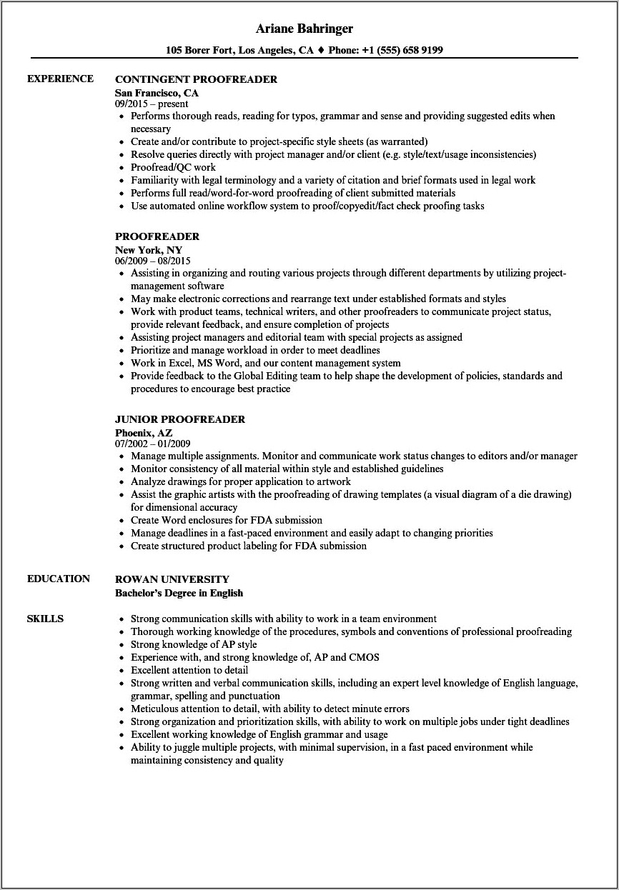 Proofreading Resume No Experience Sample