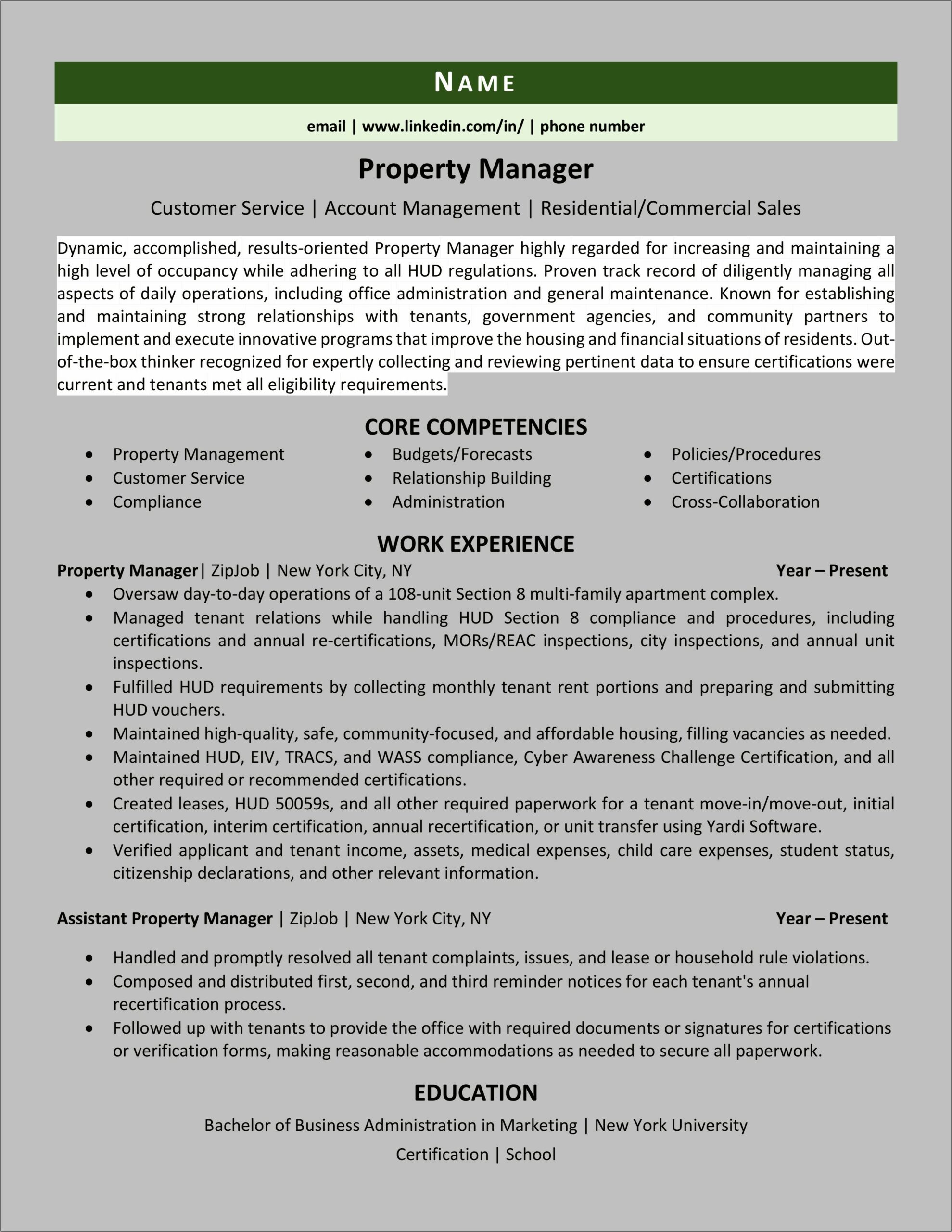 Property Manager Description For Resume