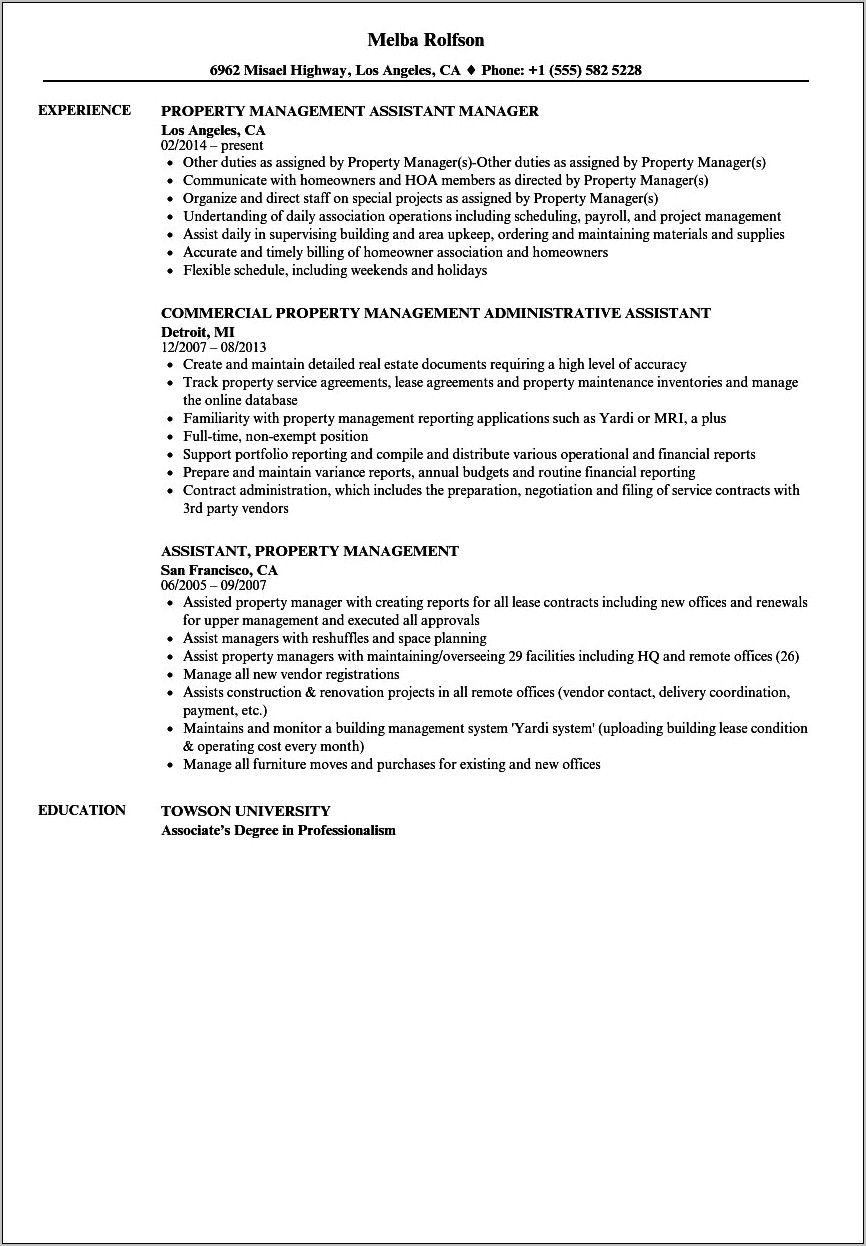 Property Manager Duties For Resume