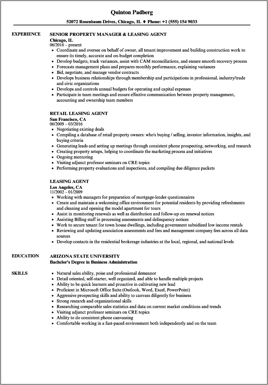Property Manager Leasing Agent Resume
