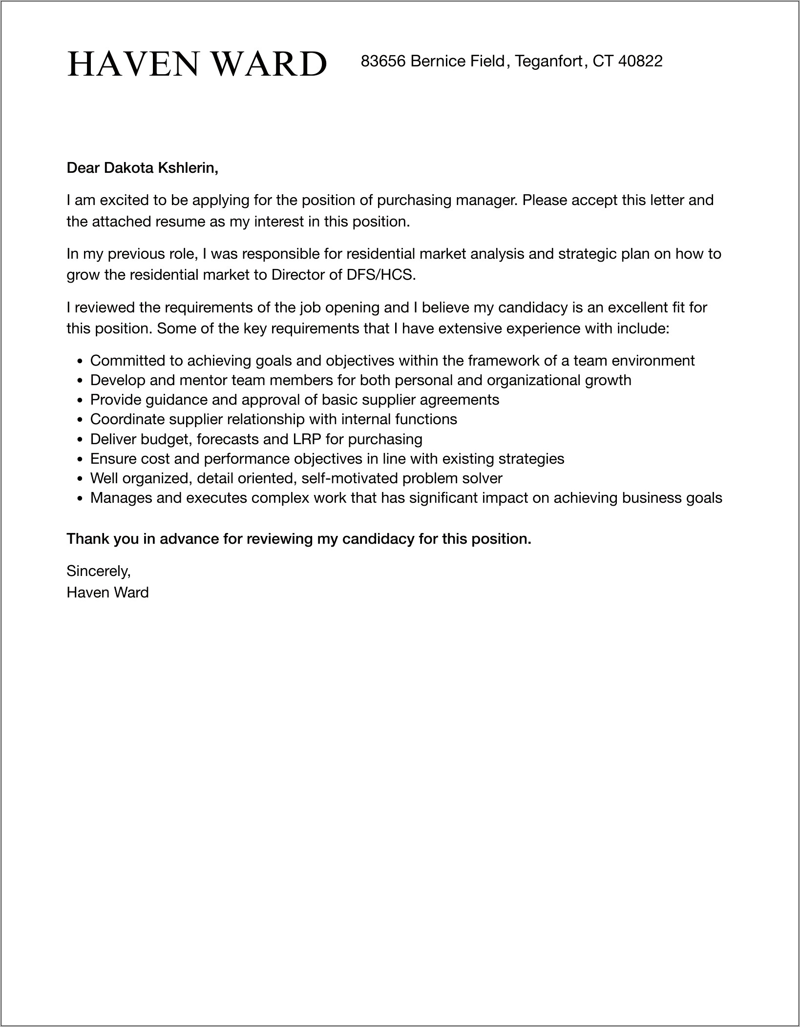 Purchase Manager Resume Cover Letter