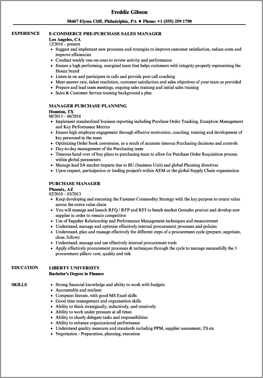 Purchase Manager Resume In Construction