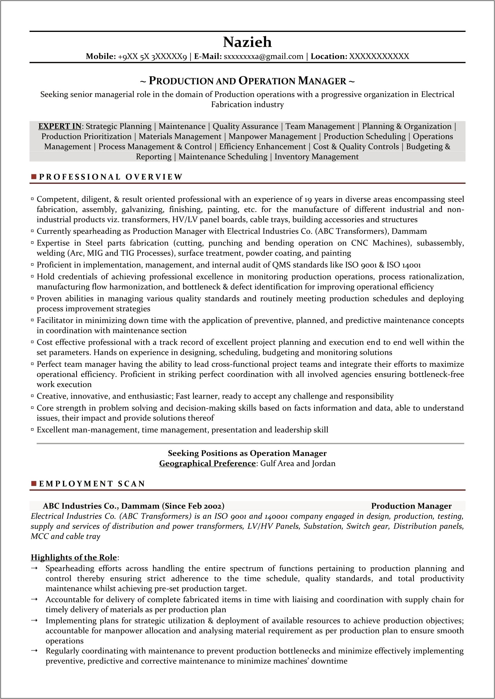 Purchase Manager Resume Sample India
