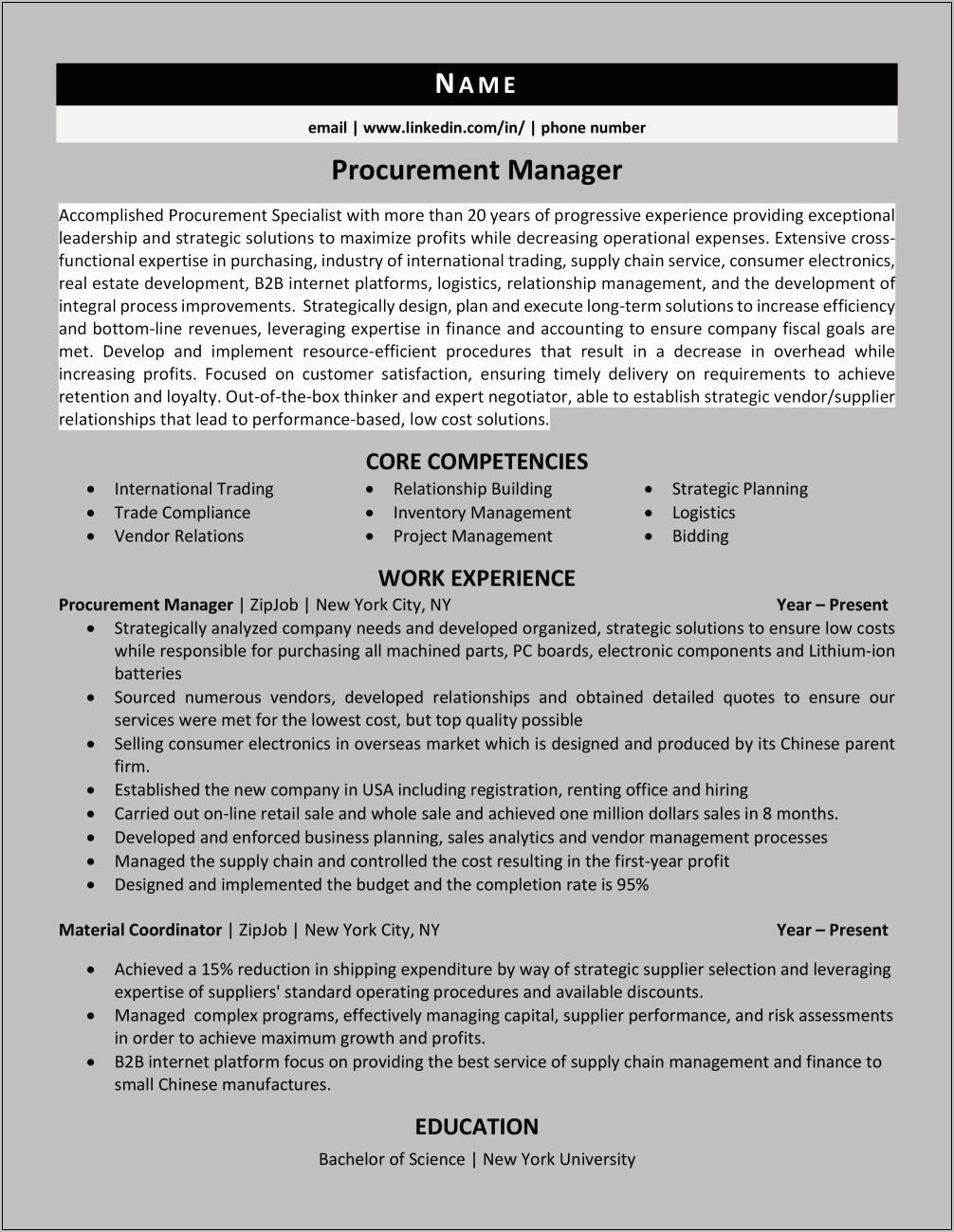 Purchasing Manager Job Resume Example