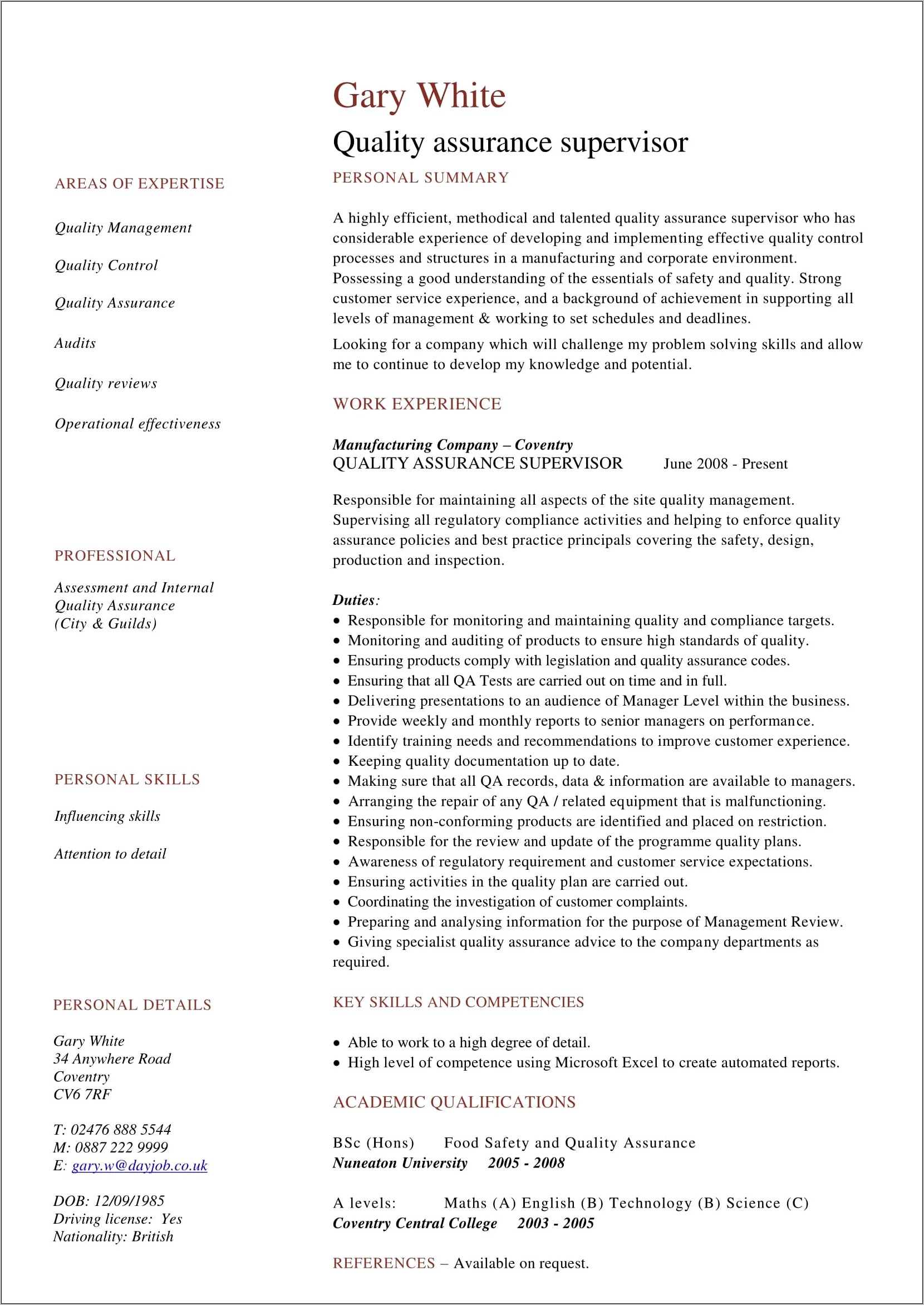 Quality Assurance Manager Pharmaceutical Resume