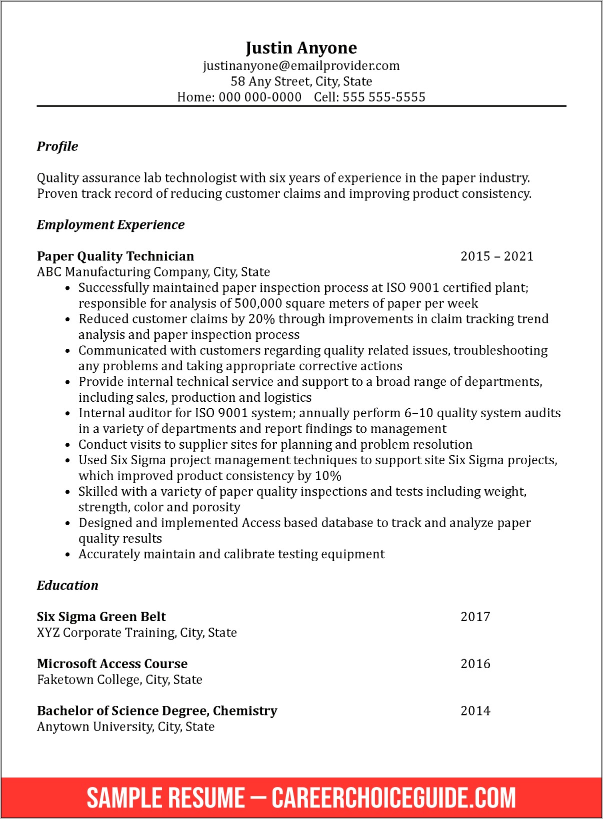 Quality Control Experience Sample Resume