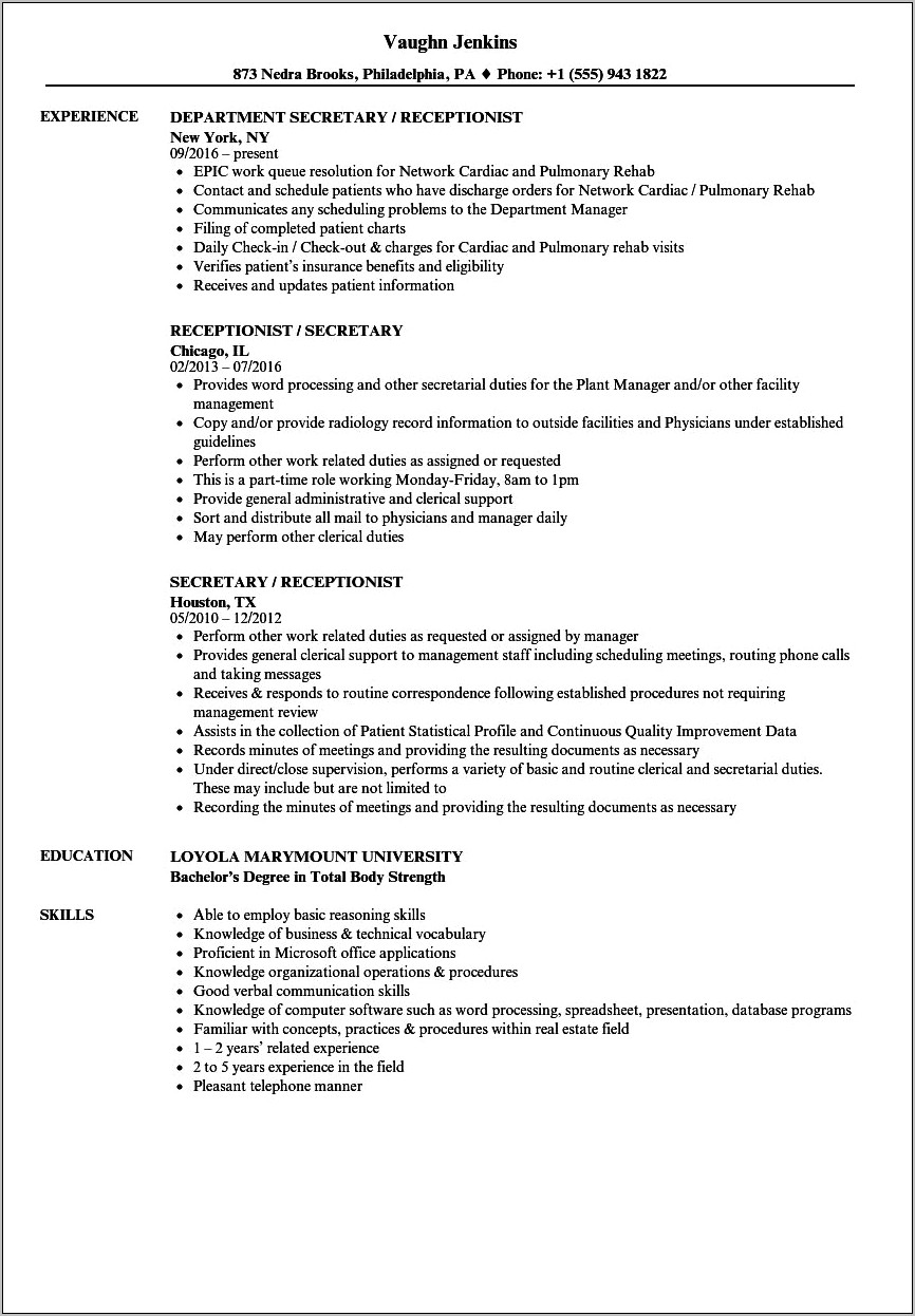 Real Estate Receptionist Resume Example