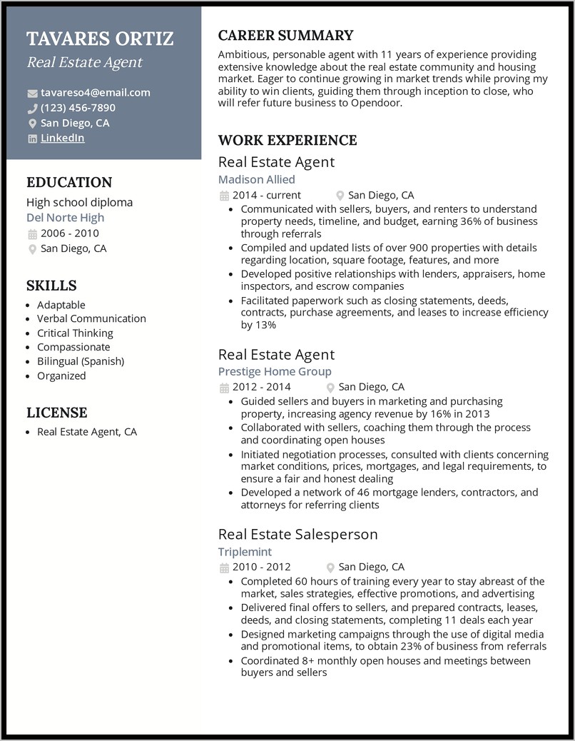 Real Estate Sales Manager Resume