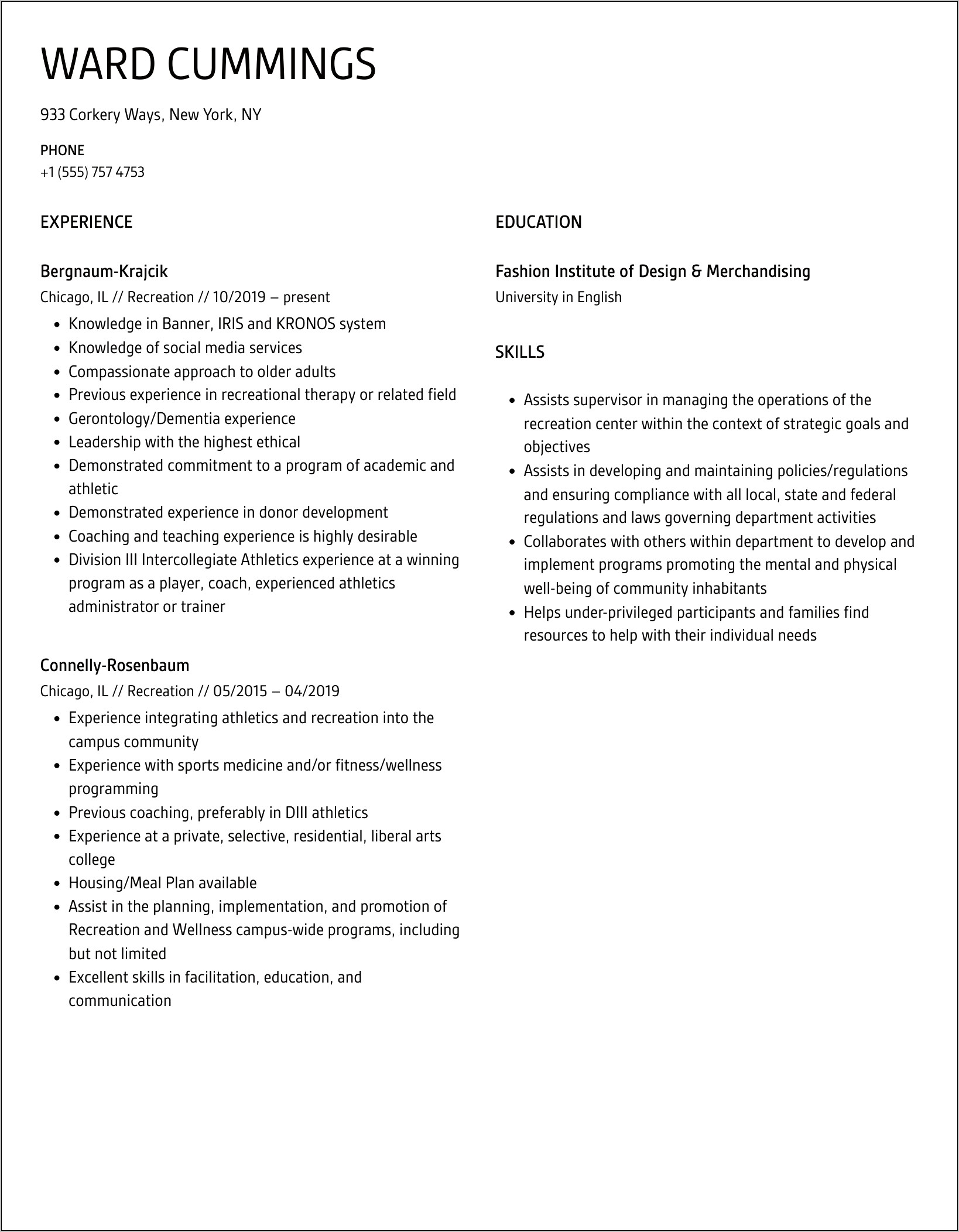 Rec Center Job Description Resume