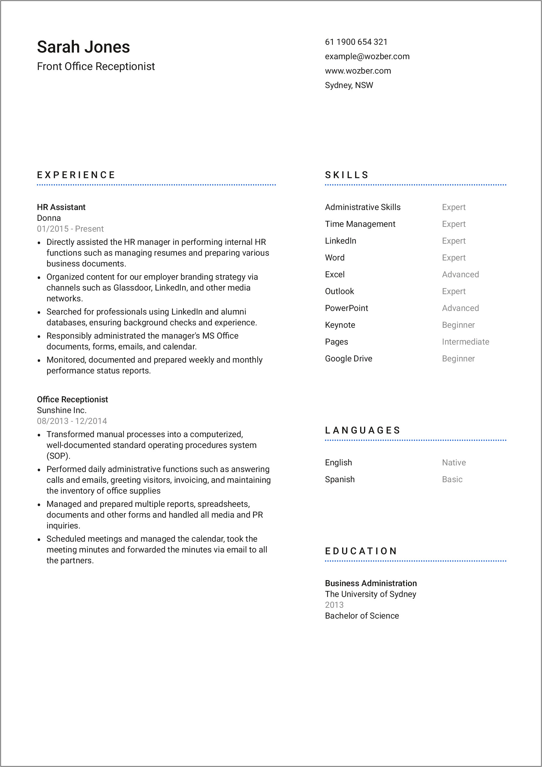 Receptionist Top Skills For Resume