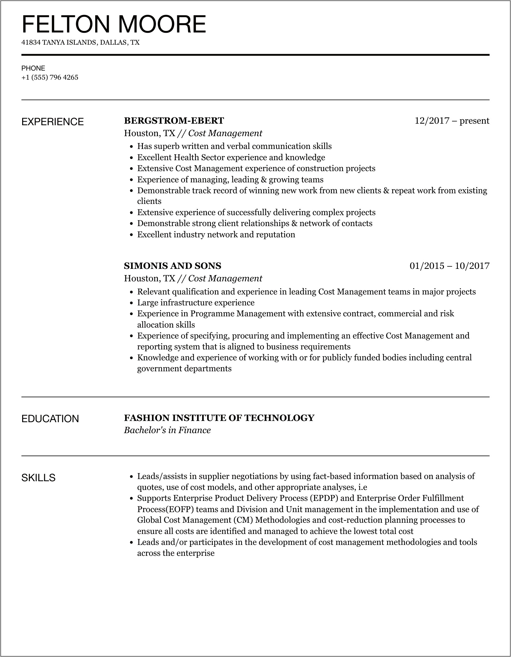 Reduce Cost Project Management Resume