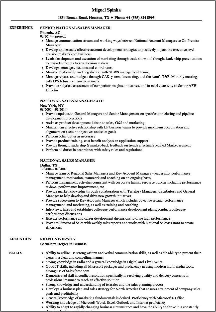 Regional Sales Manager Objective Resume