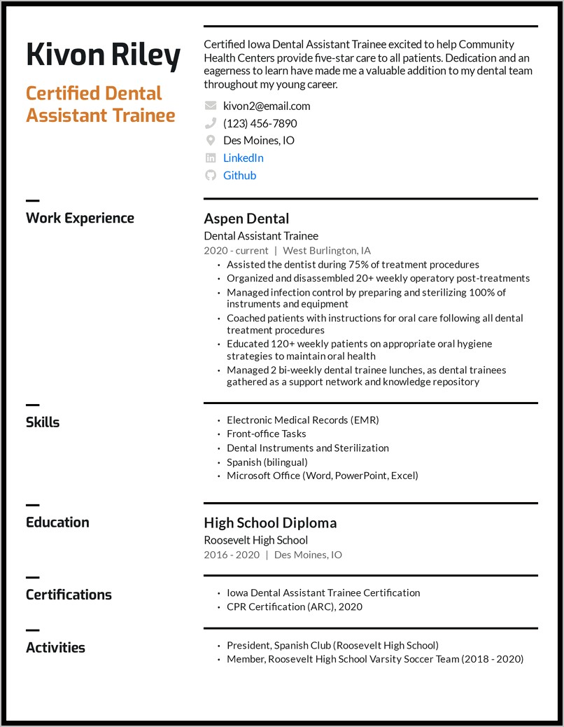 Registered Dental Assistant Sample Resume