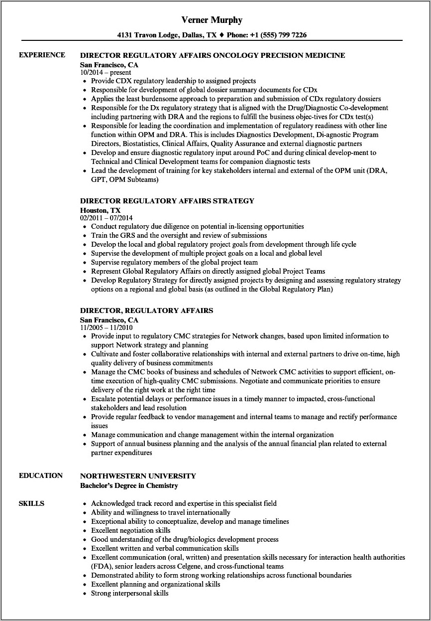 Regulatory Affairs Manager Sample Resume