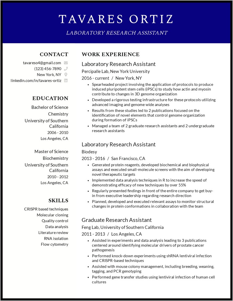 Research Assistant Position Resume Sample