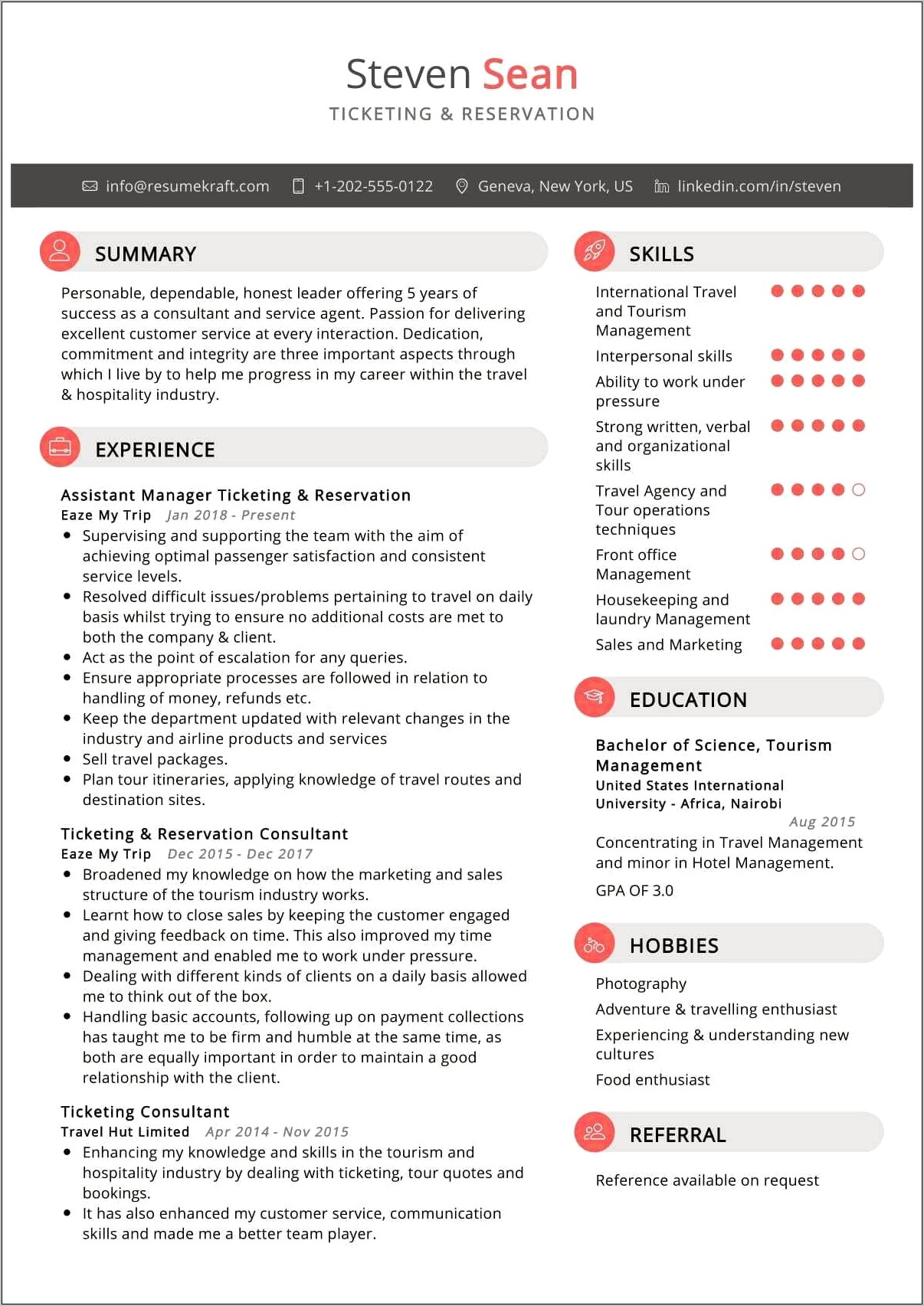 Reservation Agent Resume Summary Sample