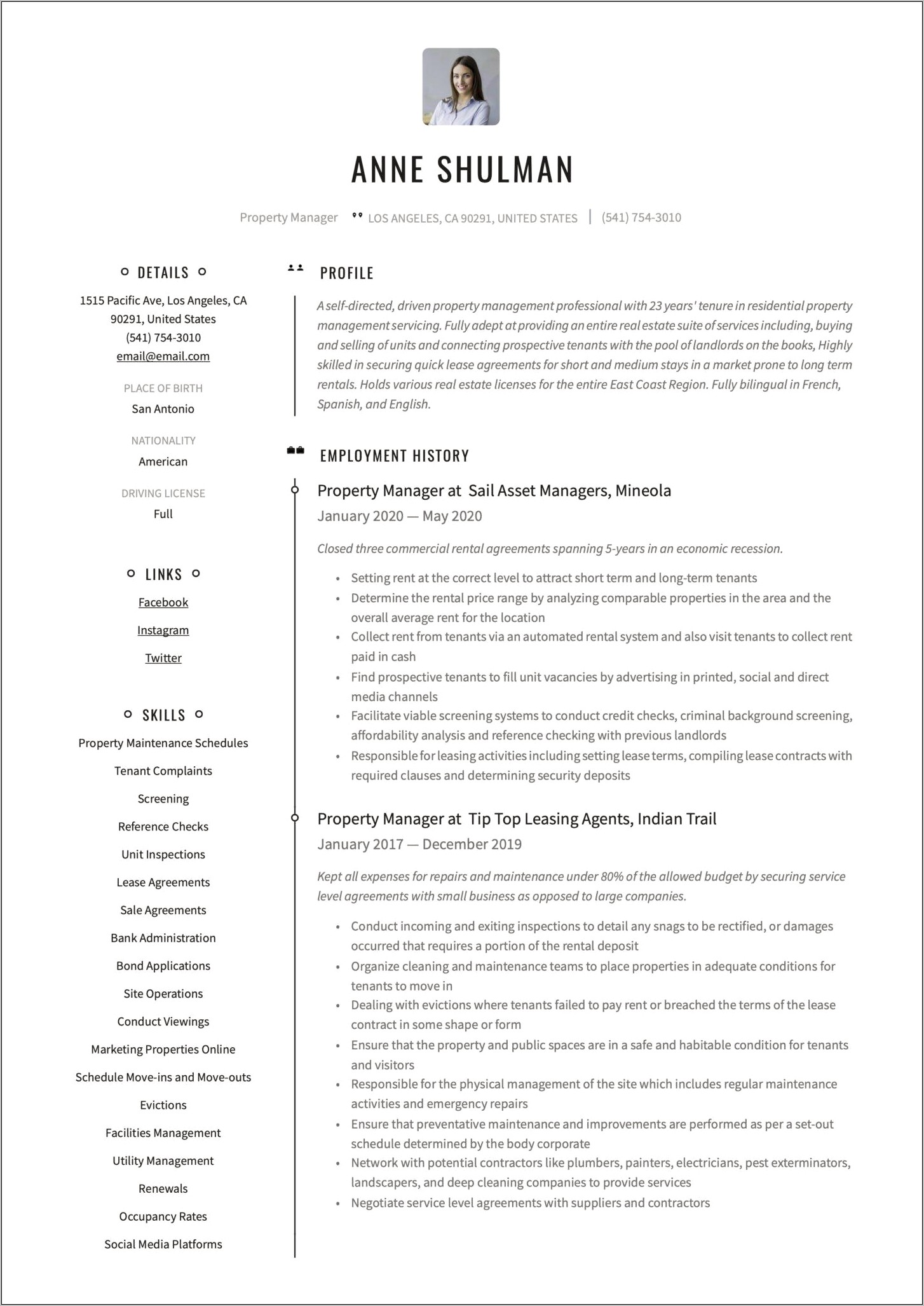 Residential Rental Management Resume Contract