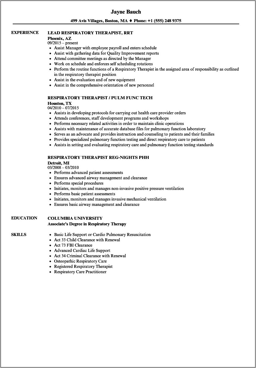 Respiratory Therapist Resume Job Description