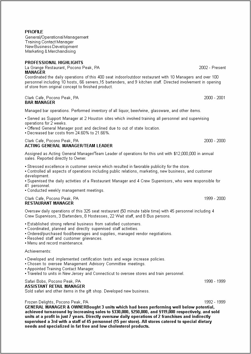 Restaurant Assistant Manager Resume Format