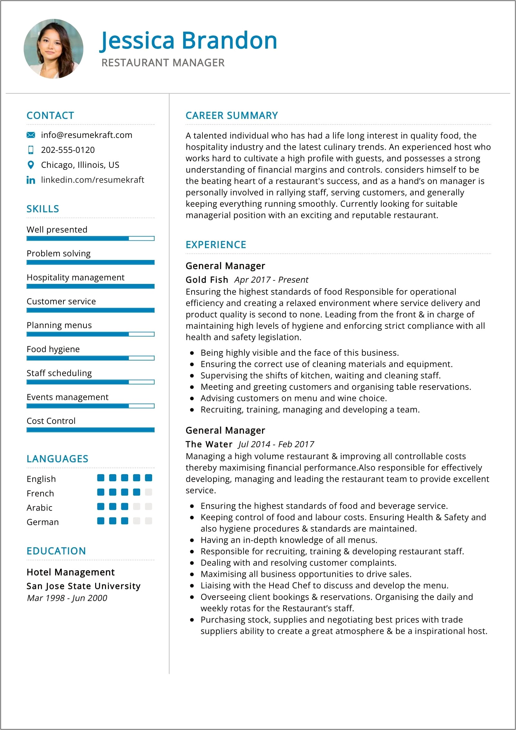 Restaurant Assistant Manager Resume Summary